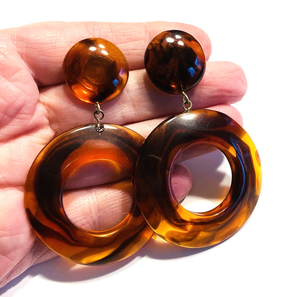 Vintage Y2K Mod Hoop Pierced Earrings Acrylic Faux Tortoise Shell Caramel Swirl - Picture 7 of 7